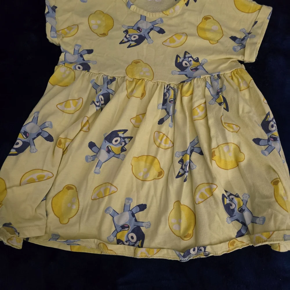 Yellow Lemon-Print Kids Dress with Blue Character